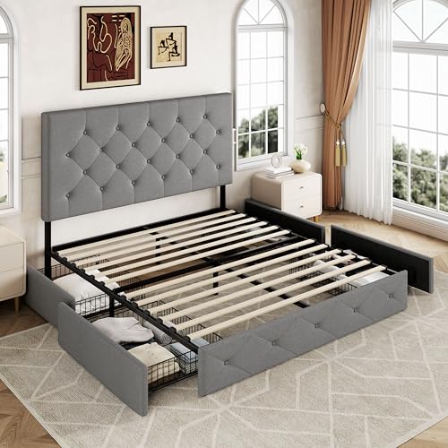 Allewie Upholstered Queen Platform Bed Frame with 4 Drawers and Headboard, Light Grey A922