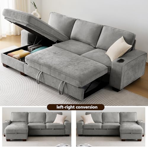 ASHOMELI 99" Convertible Sleeper Sofa Bed L Shaped with Storage Chaise, Gray Z77215