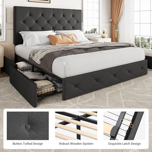 Allewie Upholstered Queen Platform Bed Frame with 4 Drawers and Headboard, Light Grey A922