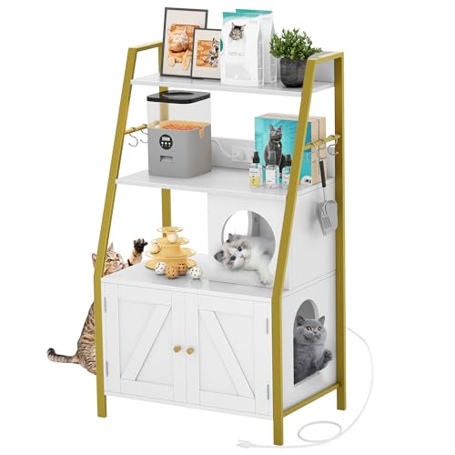 DWVO Cat Litter Box Enclosure with Shelves Storage, Cat Litter Box Furniture Hidden with Charging Station and Hooks, Wooden Cat Cabinet Washroom Furniture for Most of Litter Box, Gold White