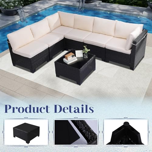 KIGOTY Patio Furniture Set 7 Pieces Outdoor Sectional Sofa with Cushions and Glass Coffee Table B60021