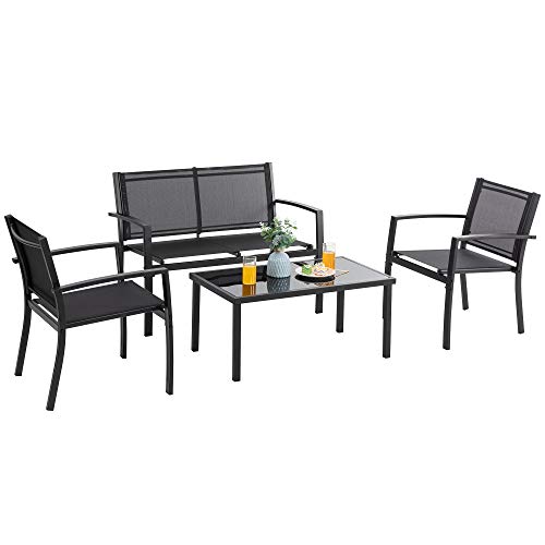 Vongrasig 4 Piece Patio Conversation Set with Glass Coffee Table, Black E428