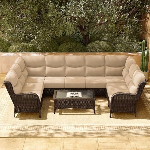 Luxury Patio Furniture Set 7PCS Wicker Conversation Set with Blue Cushions J5390