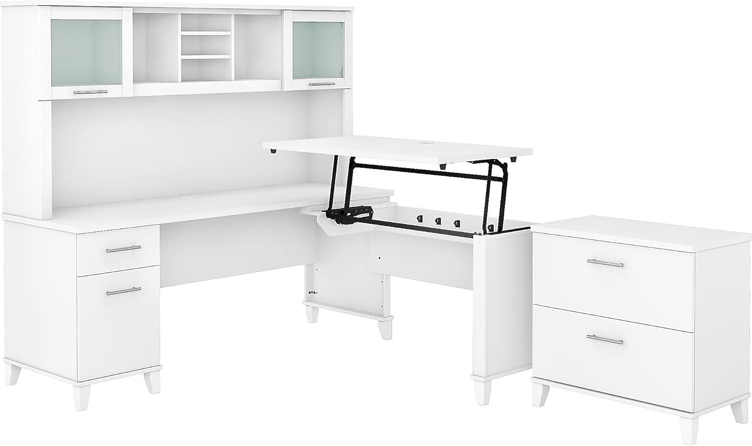 Bush Furniture Somerset 72W 3 Position Sit to Stand L Shaped Desk with Hutch and File Cabinet in White