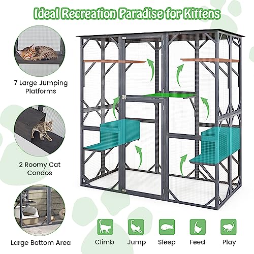 Tangkula Catio Outdoor Cat Enclosure Large 72 Inch Tall Wooden Cat House with Weatherproof Roof W864