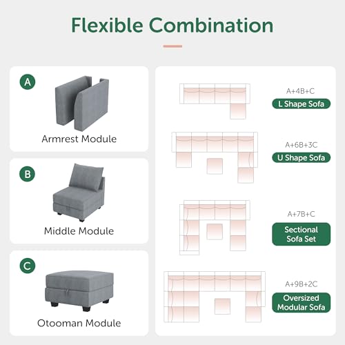 HONBAY Modular Sectional Sofa U Shaped with Storage, Grey G638
