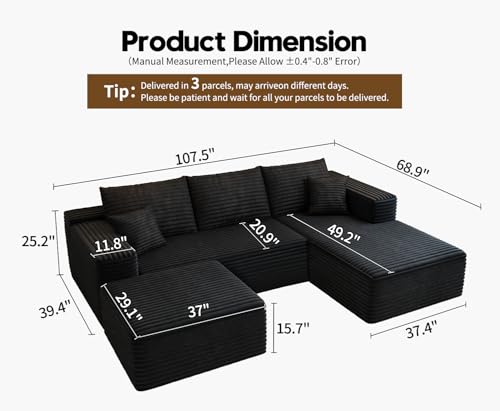 Cloud Modular Sectional Sofa with Ottoman, U Shaped, Black M332378