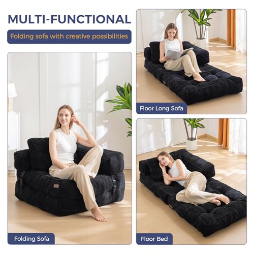 MAXYOYO Folding Sofa Bed L-Shaped Convertible Sleeper Couch with Pillow, Dark Grey X9070