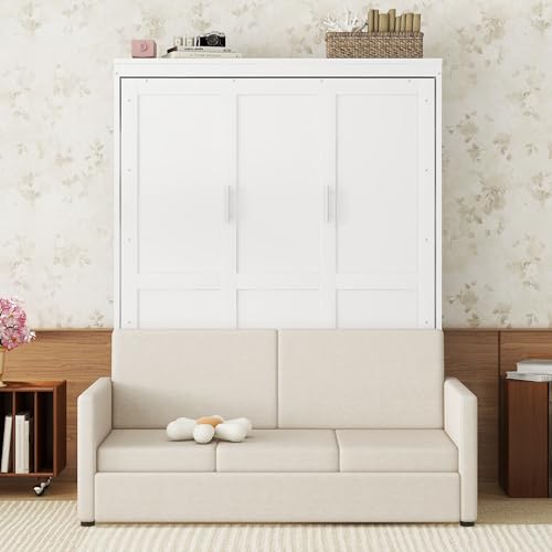 LZ LEISURE ZONE Queen Size Murphy Bed, Wooden Queen Murphy Wall Bed with Cushion and Sofa, for Home Office or Small Room, White