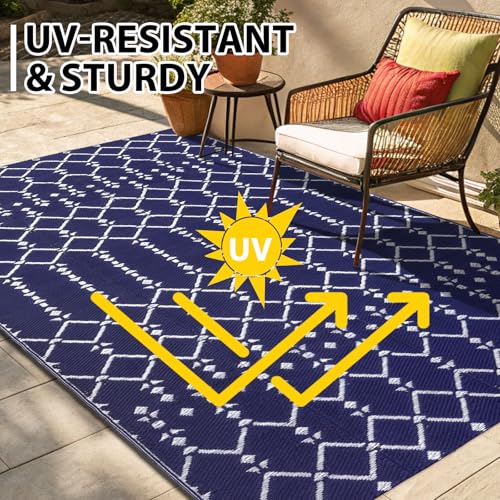 Smiry Waterproof Outdoor Rug 5x8 ft, Reversible Plastic Straw Patio Mat, Black & Beige P20186