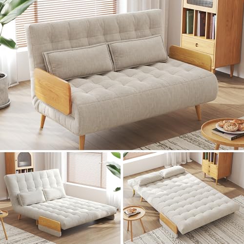 Convertible Chair Bed Sleeper for Adults with Wooden Arms, Linen G638