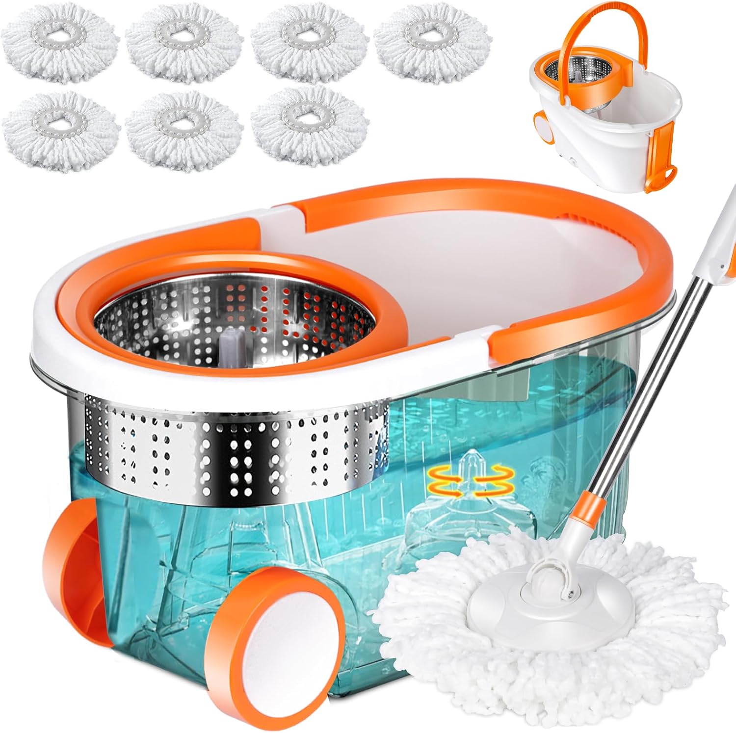 MASTERTOP Spin Mop and Bucket with Wringer Set, 57" Adjustable Extended Handle for Floor Cleaning, Stainless Steel Spinning Bucket with 2 Wheels Easy Moving, 6 Microfiber Mop Pads