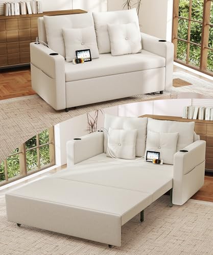 3 in 1 Pull Out Couch, 56 Inch Convertible Sleeper Sofa Bed, Loveseat Sofa with Cup Holders, USB, Sofa Couches for Living Room, Bedroom, Apartment, Grey