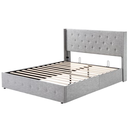 Allewie Full Size Lift Up Storage Bed with Wingback Headboard, Light Beige C85153