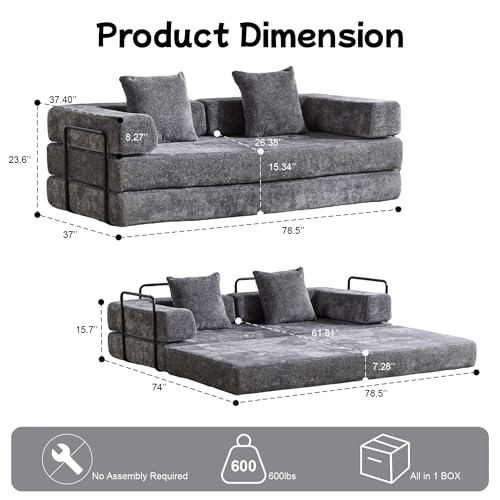 Convertible Floor Sofa Bed with Pillow Back and Armrest, Chenille, Dark Gray N4509
