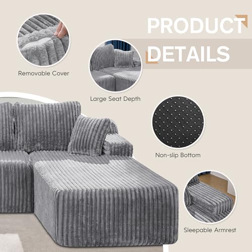 Modular Sectional Sofa L-Shape Couch with Oversized Chaise, Grey Stripe I49459