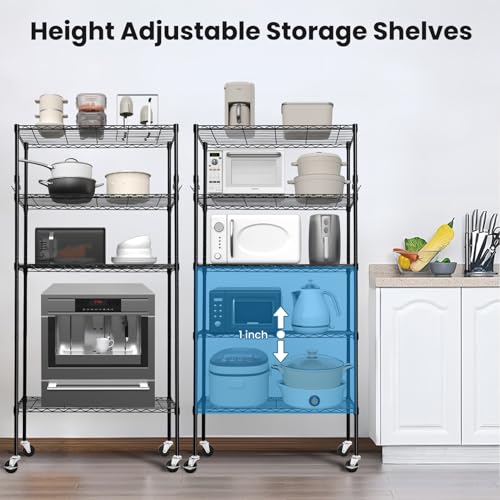 6 Tier Storage Shelves with Wheels, Heavy Duty Adjustable Metal Shelving Rack, Black T460