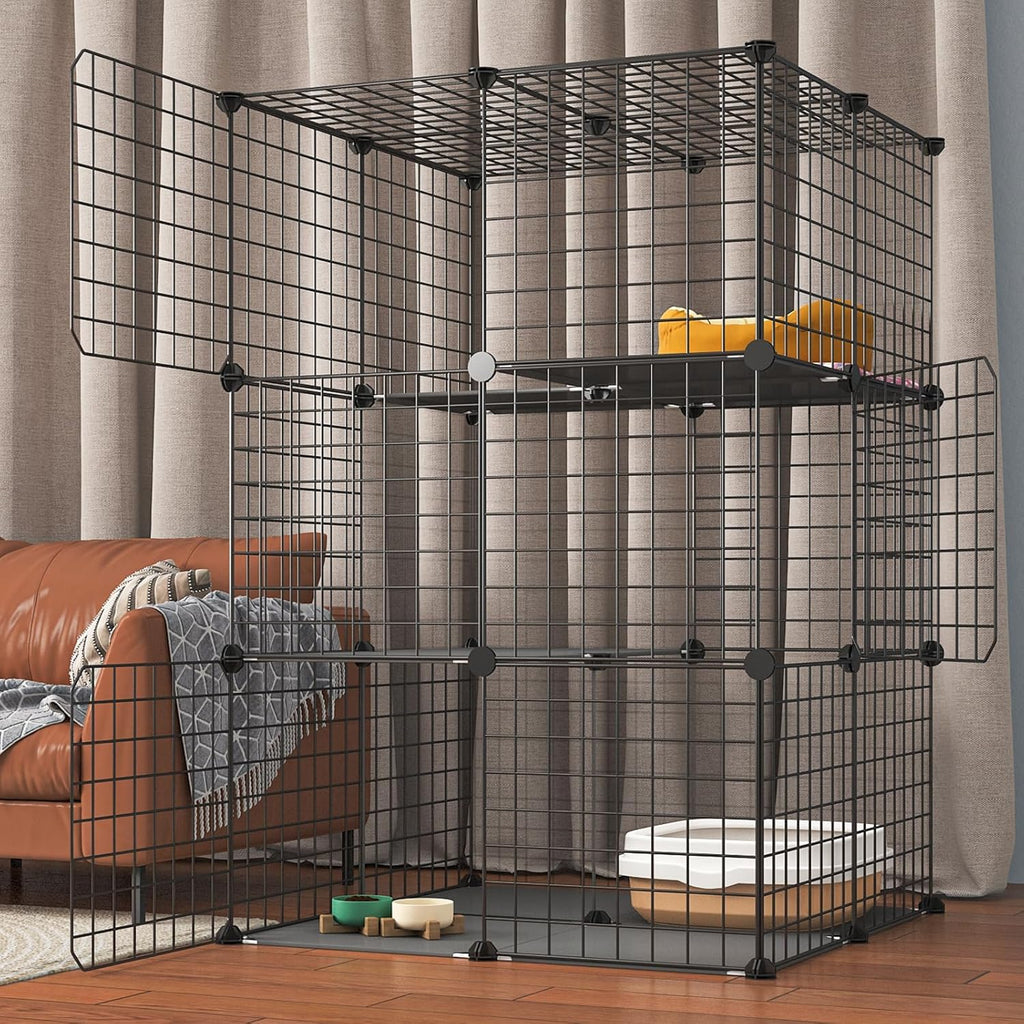 3-Tier Cat Cage Indoor Enclosure DIY Catio Detachable Metal Wire Kennel Black S82365