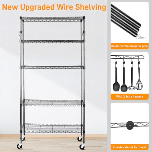 6 Tier Storage Shelves with Wheels, Heavy Duty Adjustable Metal Shelving Rack, Black T460