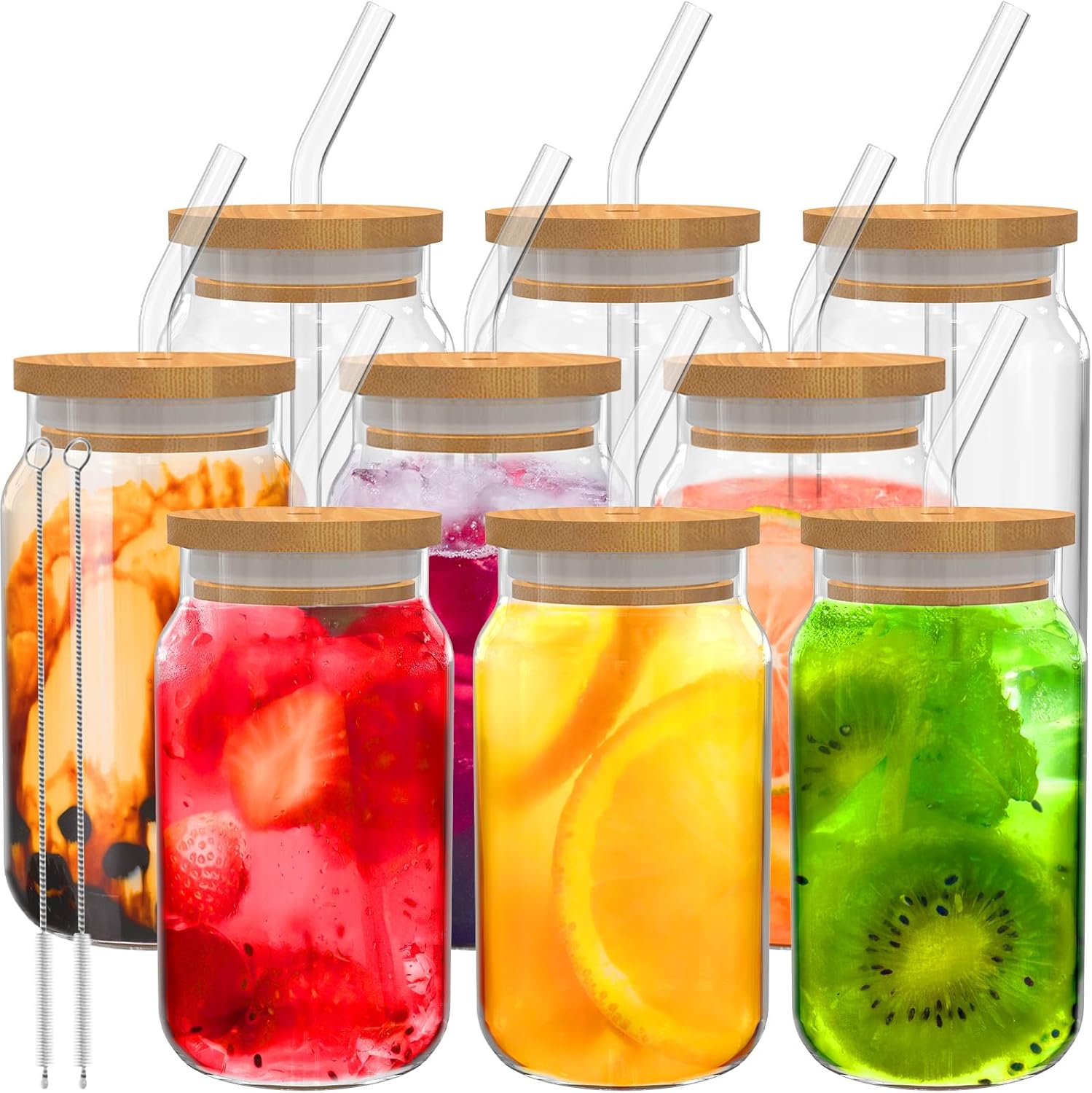 Drinking Glasses with Bamboo Lids and Glass Straw 16 oz, 9pcs Iced Coffee Cups, Cute Tumbler for Smoothie Juice Beer Tea Whiskey, Birthday Gifts
