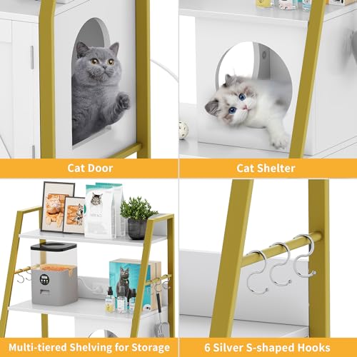 DWVO Cat Litter Box Enclosure with Shelves, Wooden Cat Cabinet, Gold White G890068