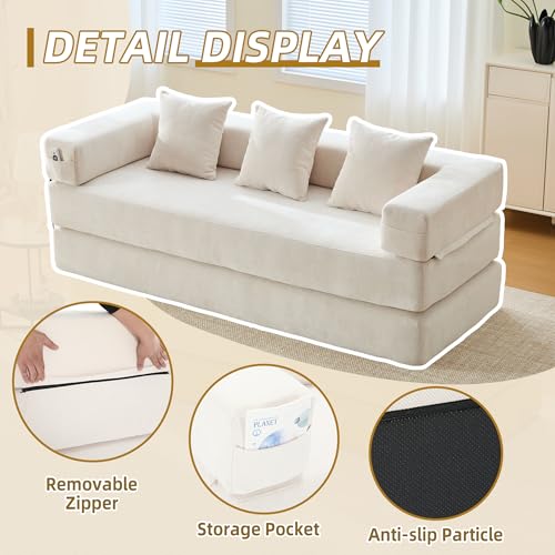 Corduroy Convertible Sleeper Sofa Bed with Pillow, Beige S401207