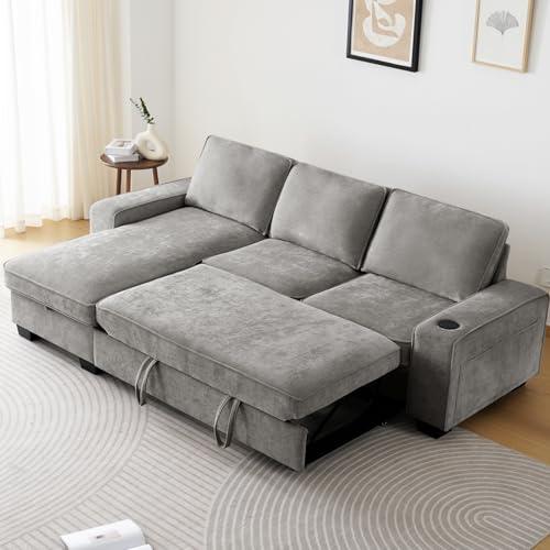 ASHOMELI 99" Convertible Sleeper Sofa Bed L Shaped with Storage Chaise, Gray Z77215