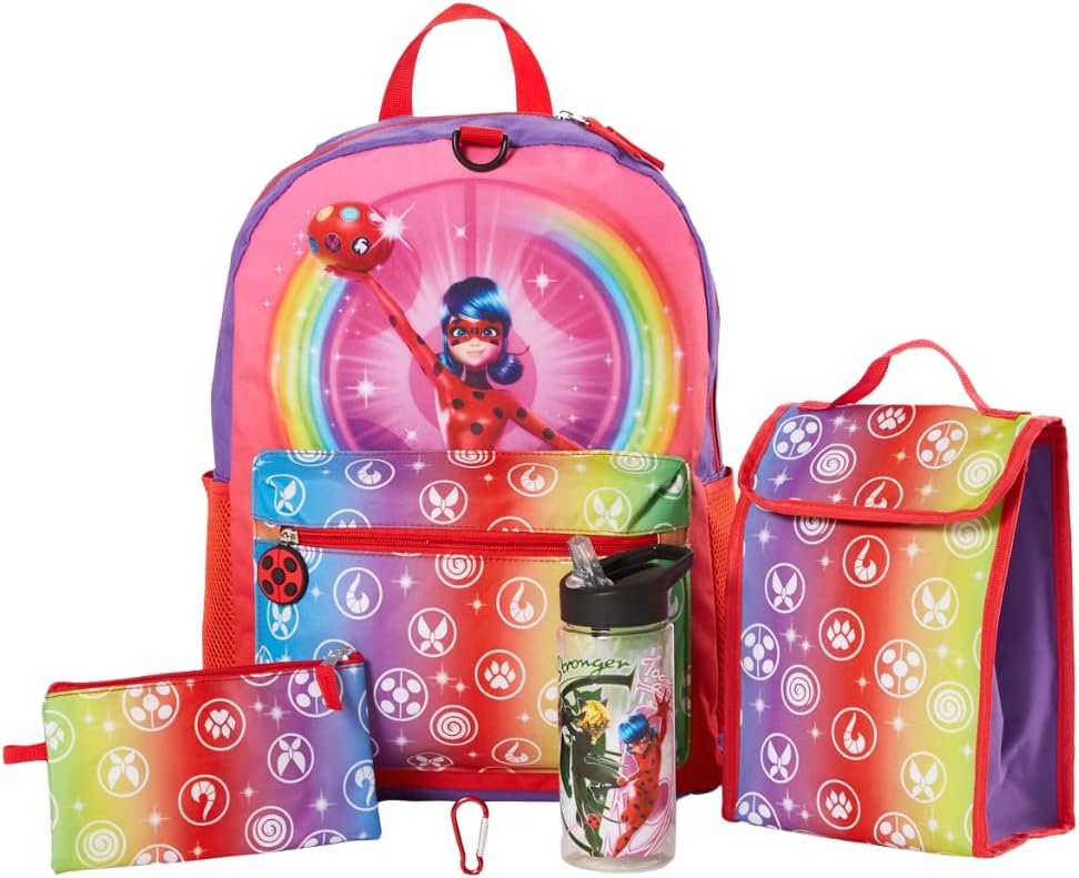 Miraculous Ladybug Backpack Set with Lunch Bag for Girls, 16 inch, 5 Piece Value Set, Rainbow