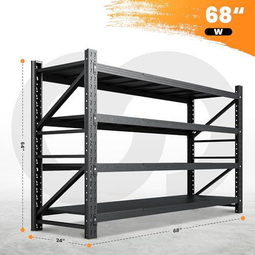 71" W Heavy Duty Steel Garage Shelving, 4-Tier Adjustable Storage Rack, Black C40455
