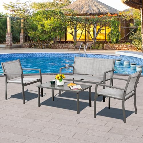 Vongrasig 4 Piece Patio Conversation Set with Glass Coffee Table, Black E428
