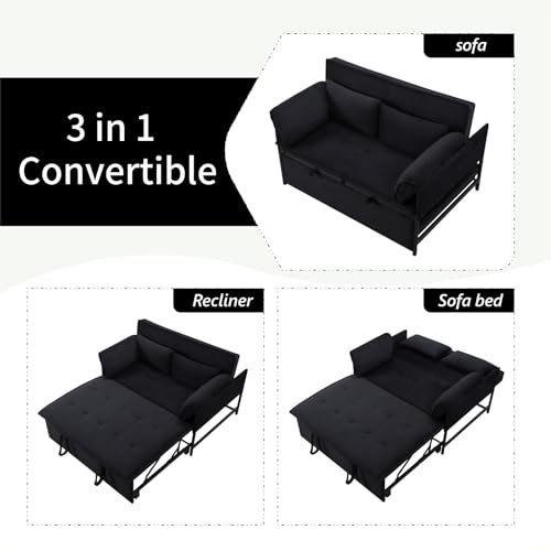3 in 1 Sleeper Sofa Bed with Side Pocket, Black Convertible Futon Couch W34330