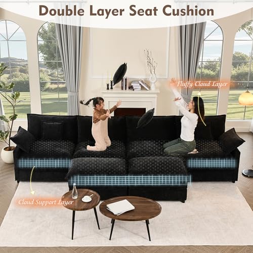 U Shaped Modular Sectional Sofa with Ottoman, Chenille, Black P2121