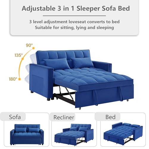 3 in 1 Convertible Sleeper Sofa Bed Futon with Adjustable Backrest, Velvet, Black Q74350