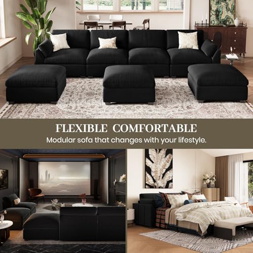 Belffin Extra Large Modular Sectional Sofa, 4-Seater L Shaped Velvet Couch, Black A1471