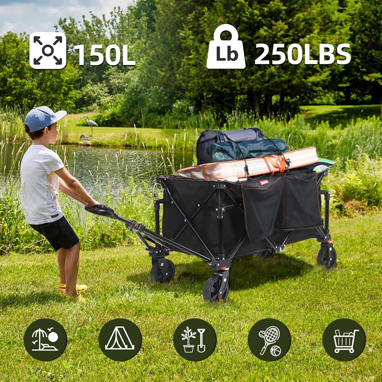 Collapsible Folding Utility Wagon Cart for Outdoor Camping (Black) K825643