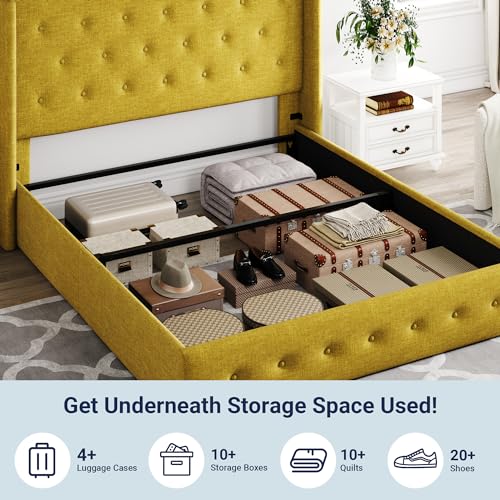 Allewie Full Size Lift Up Storage Bed with Wingback Headboard, Light Beige C85153