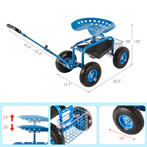 KINTNESS Garden Cart Rolling Work Seat with Tool Tray and Storage Basket Z89476