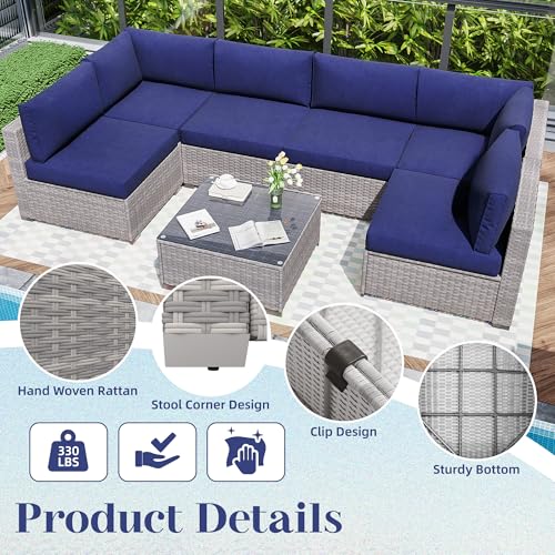 KIGOTY Patio Furniture Set 7 Pieces Outdoor Sectional Sofa with Cushions and Glass Coffee Table B60021
