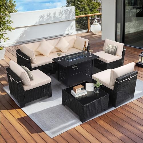 KIGOTY Patio Furniture Set 7 Pieces Outdoor Sectional Sofa with Cushions and Glass Coffee Table B60021