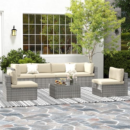 Outdoor Patio Furniture Set with Glass Tea Table, PE Rattan Wicker, Grey V687