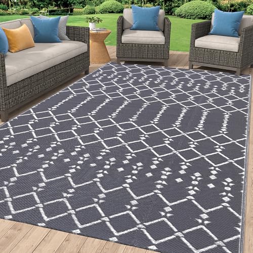 Smiry Waterproof Outdoor Rug 5x8 ft, Reversible Plastic Straw Patio Mat, Black & Beige P20186