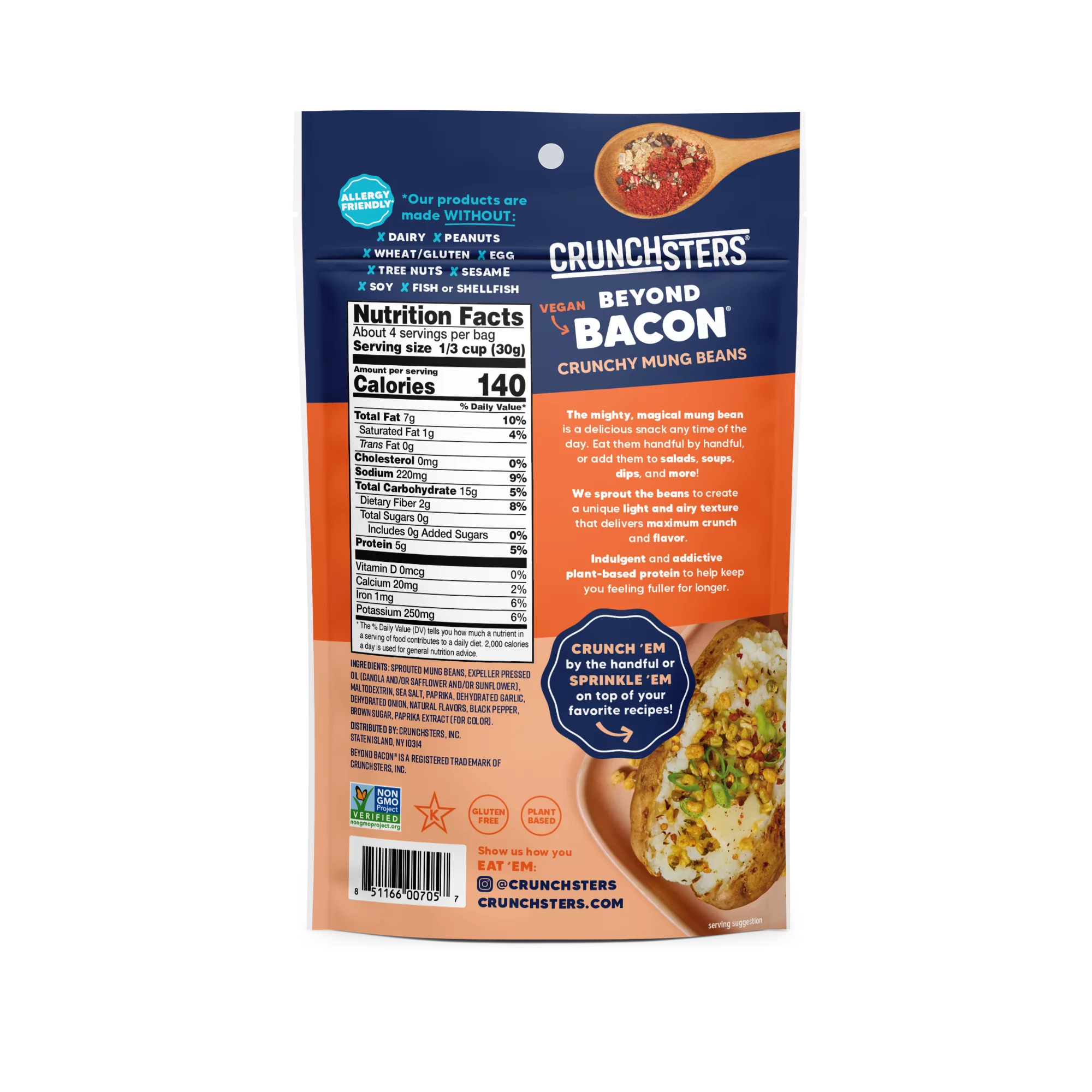Crunchsters Sprouted Protein Snack Beyond Bacon 4oz 6-Pack W506797