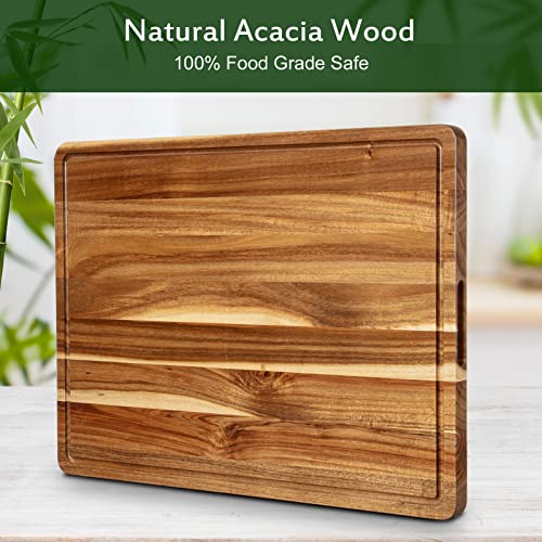 Acacia Wood Cutting Board with Handle and Juice Groove, 24x18 Inch C73804