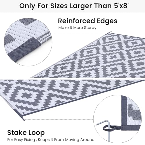 Smiry Waterproof Outdoor Rug 5x8 ft, Reversible Plastic Straw Patio Mat, Black & Beige P20186