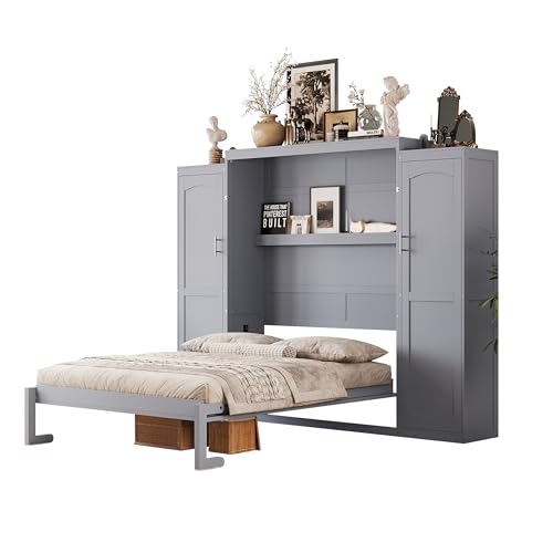 Polib Full Size Murphy Bed with Two Wardrobes and Storage Shelf, White S302797