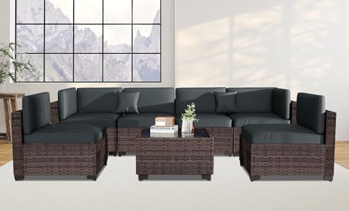 KIGOTY Patio Furniture Set 7 Pieces Outdoor Sectional Sofa with Cushions and Glass Coffee Table B60021