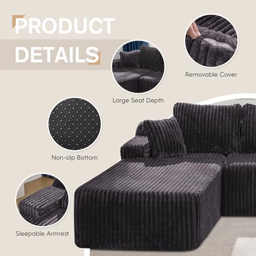 Modular Sectional Sofa L-Shape Couch with Oversized Chaise, Grey Stripe I49459