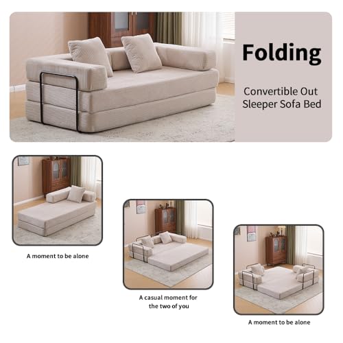 Corduroy Convertible Sleeper Sofa Bed with Pillow, Beige S401207
