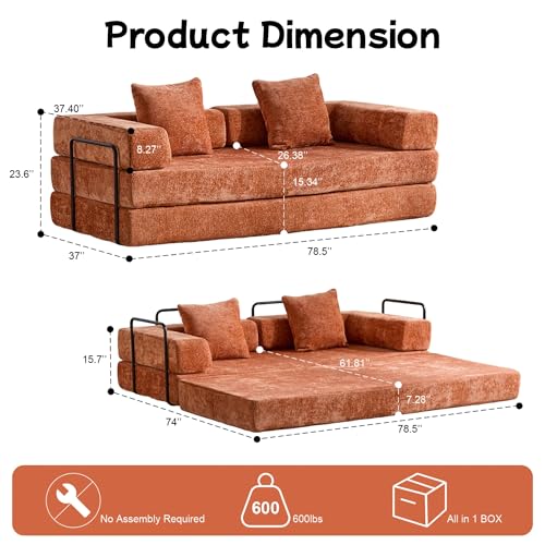 Convertible Floor Sofa Bed with Pillow Back and Armrest, Chenille, Dark Gray N4509