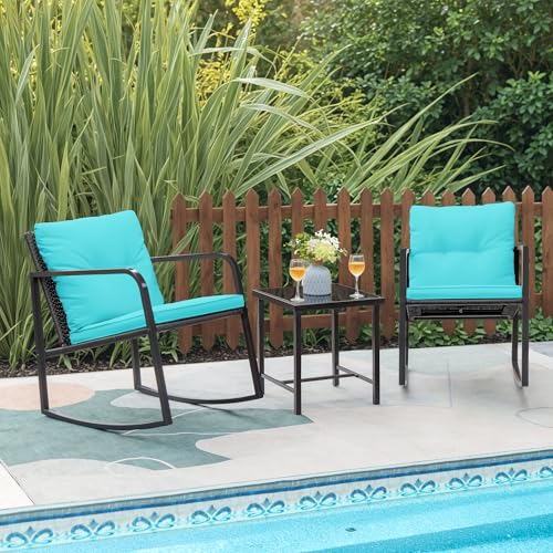 Greesum 3-Piece Rocking Wicker Bistro Set with Glass Coffee Table, Beige T6480